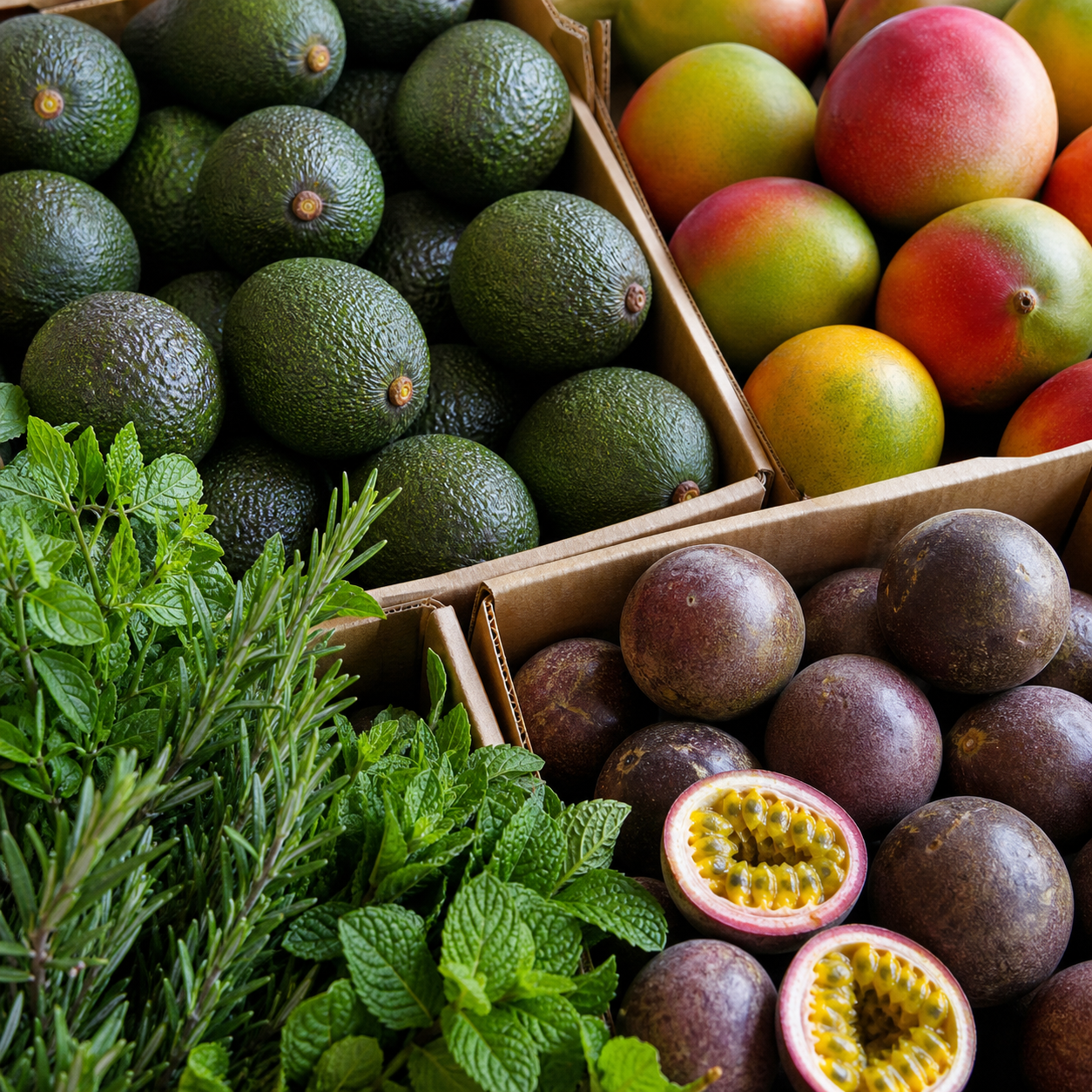 Avocados, mangoes, passion fruit and herbs